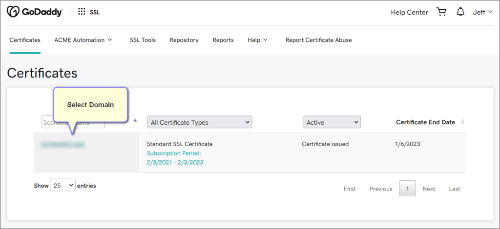 Select desired domain